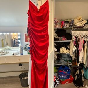 Red Rushed Open Back Prom Dress